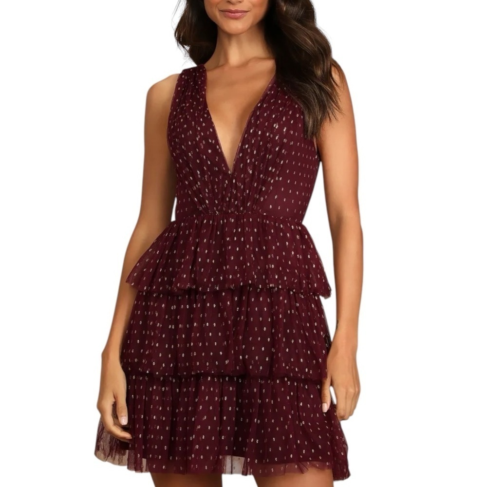 Lulu’s Forever Sparkling Burgundy Dotted Mesh Tiered Mini Dress